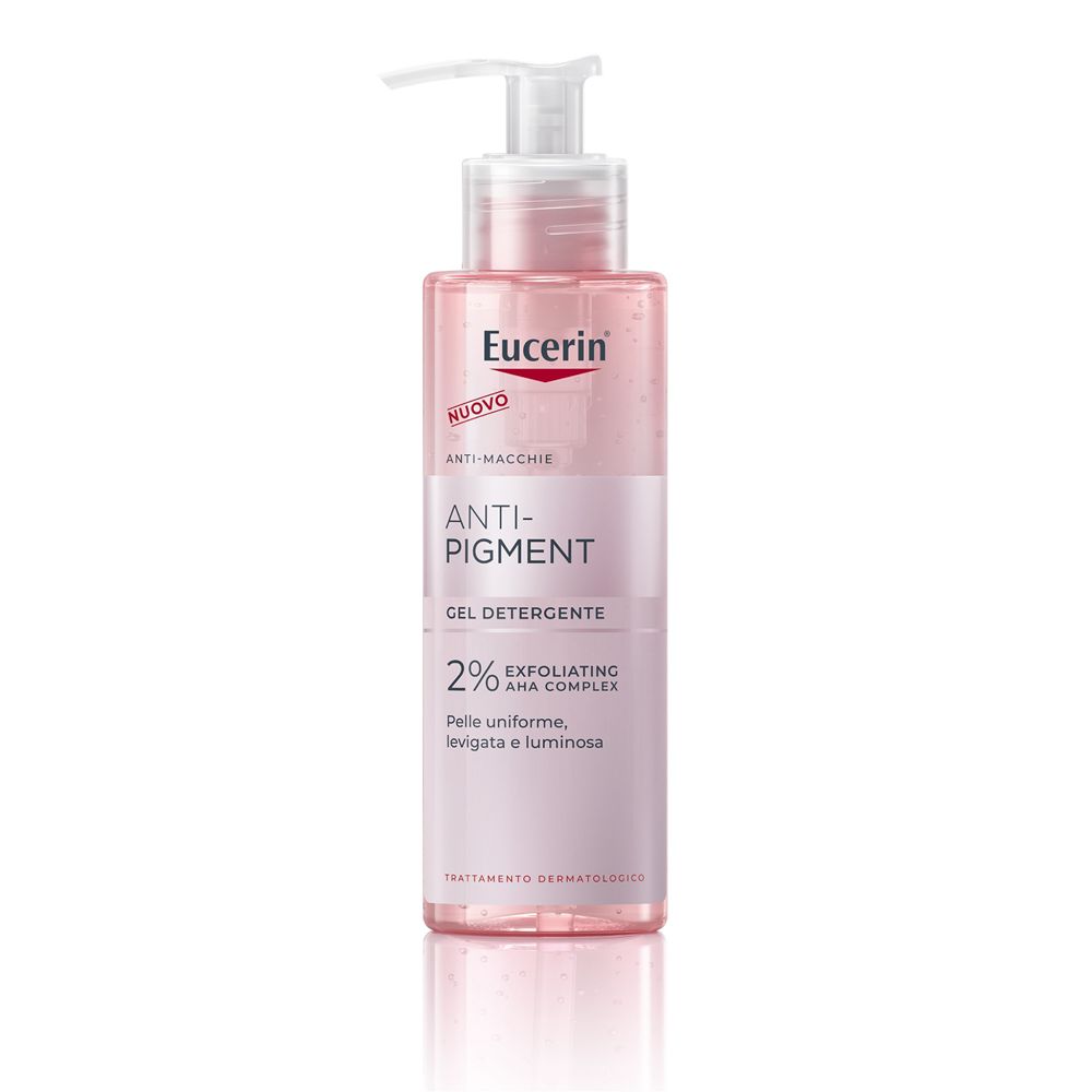 Eucerin Anti-Pigment Gel Detergente mit 2% Exfoliating AHA Complex in einer transparenten Pumpspenderflasche.