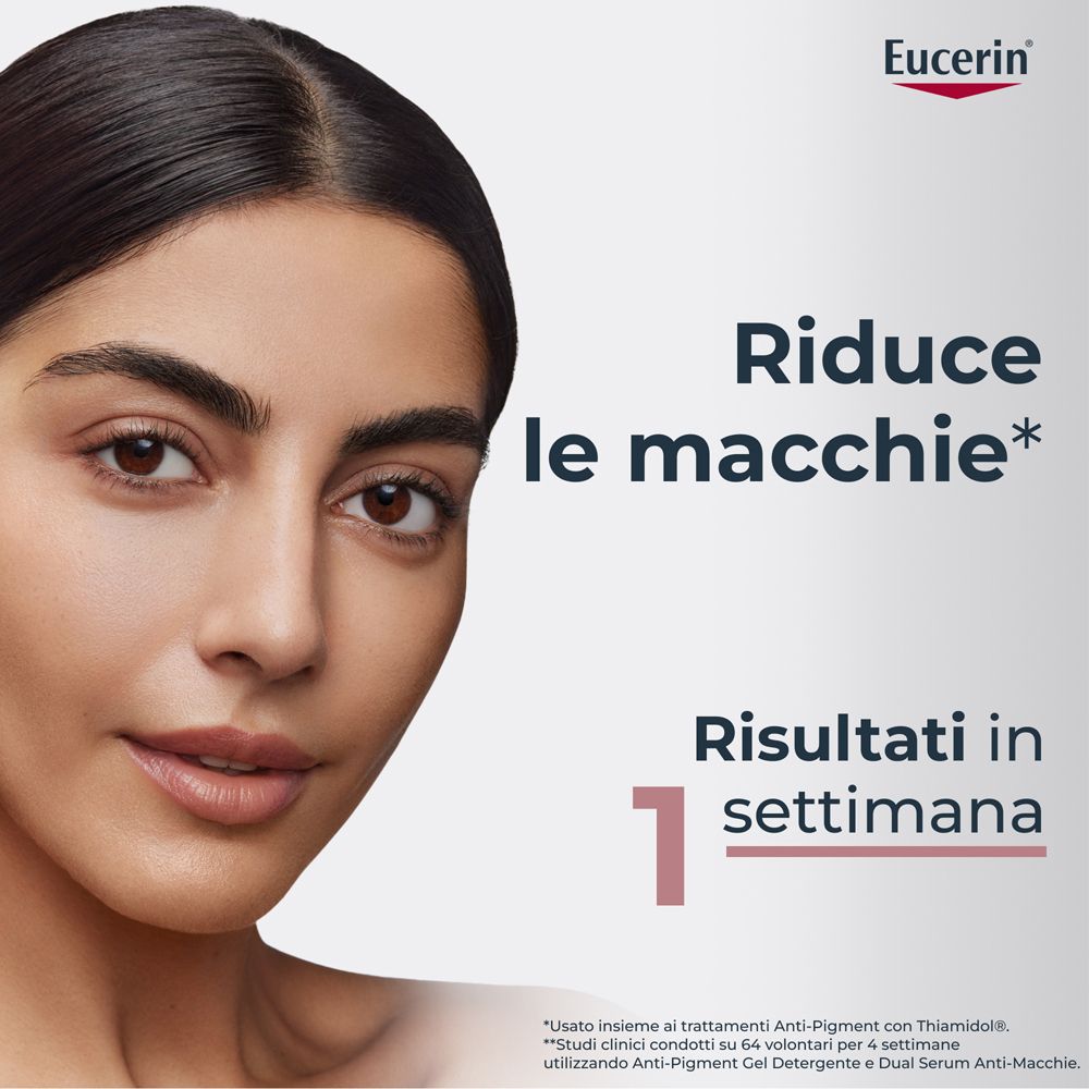 Eucerin Logo über dem Porträt einer Frau mit makelloser Haut. Text: Reduziert Pigmentflecken. Ergebnisse in 1 Woche.