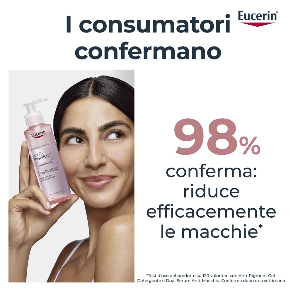 Eucerin Anti-Pigment Gel in einer durchsichtigen Flasche mit Pumpspender.