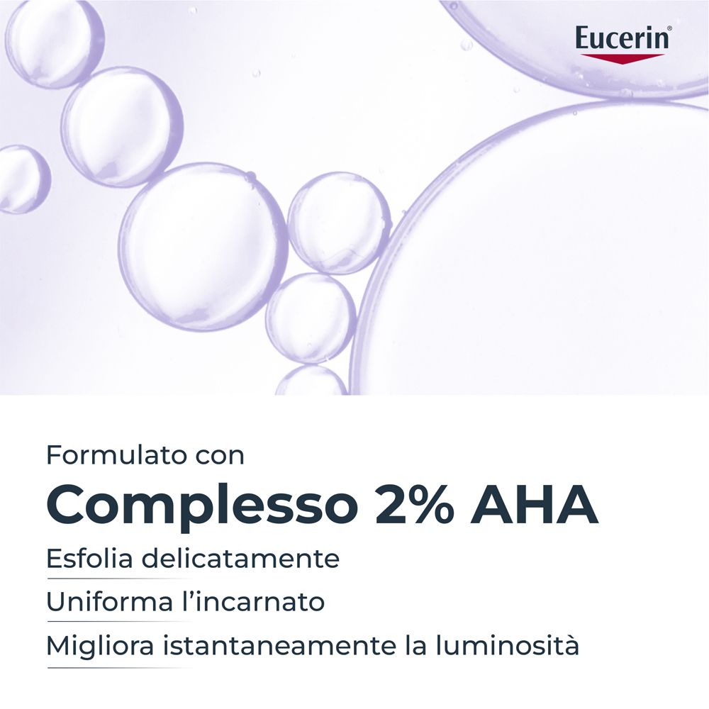 Eucerin Logo über einer Darstellung von Blasen. Text: Komplex 2% AHA.
