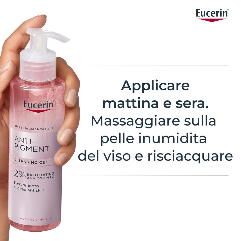 Eucerin Anti-Pigment Reinigungs-Gel mit 2% AHA-Komplex in einer durchsichtigen Flasche mit Pumpspender.