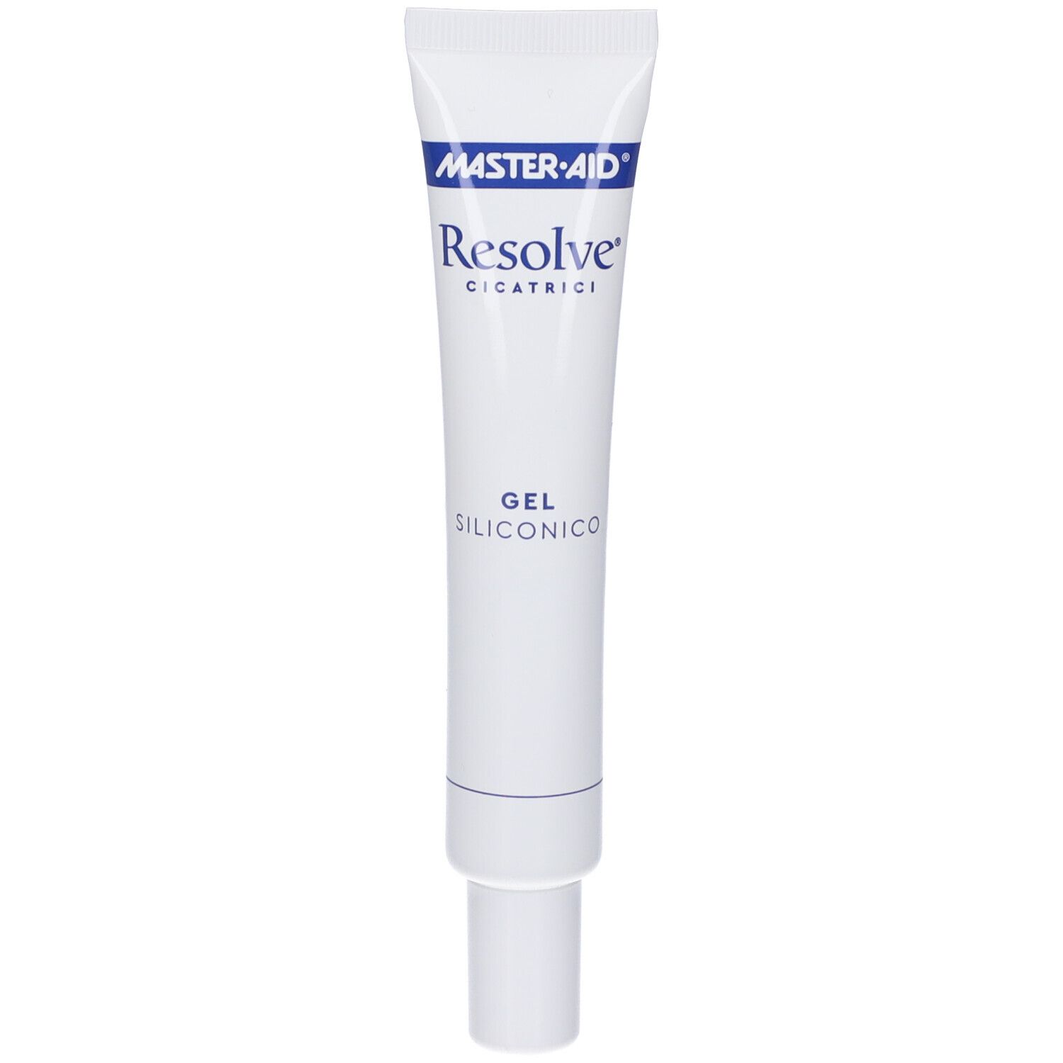 Tubo bianco con testo blu. Contiene Gel Siliconico. Marchio: Master-Aid Resolve. Con tappo a vite.