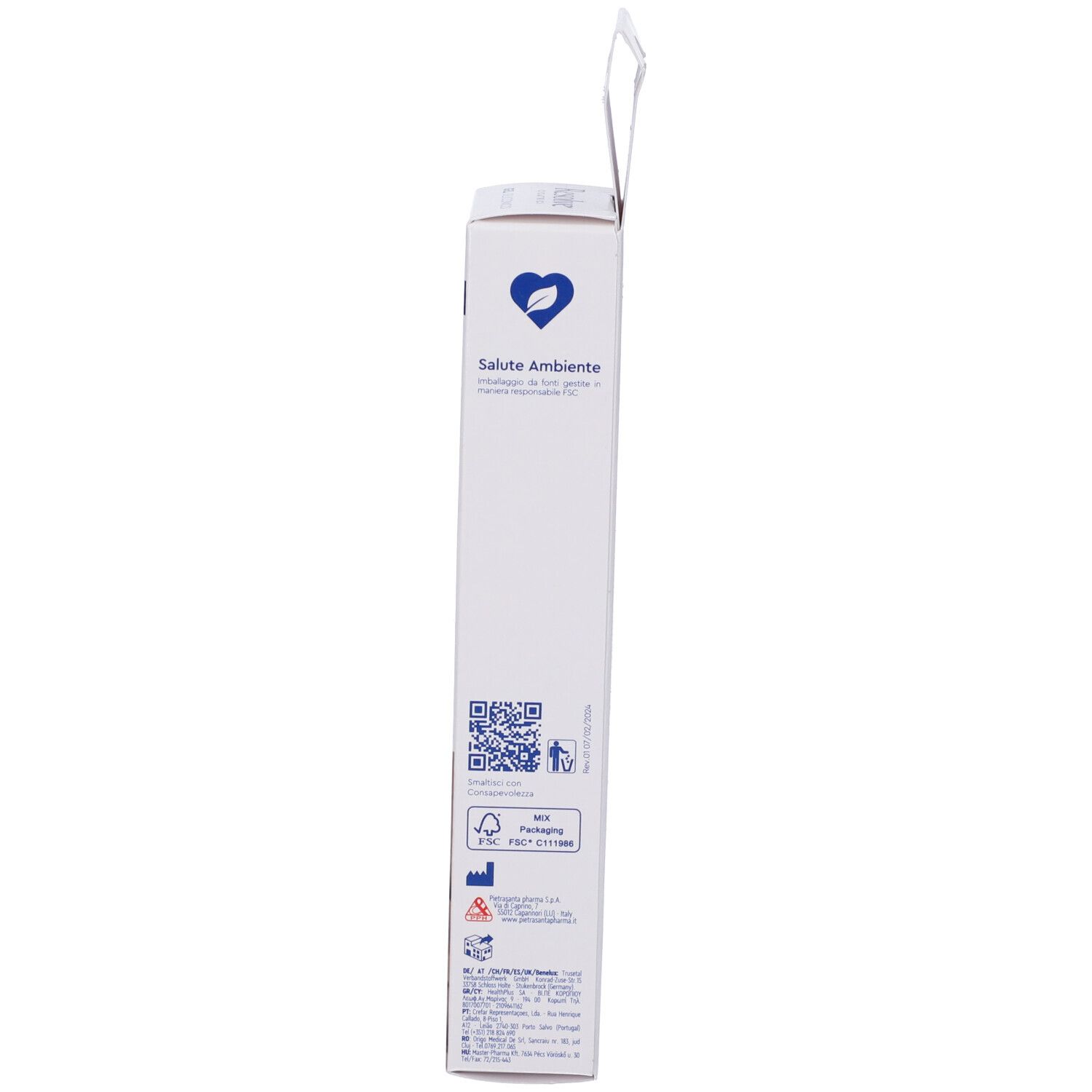 Lato della confezione del prodotto. Contiene logo, codice QR ed eco-etichette. Con simboli di riciclaggio.