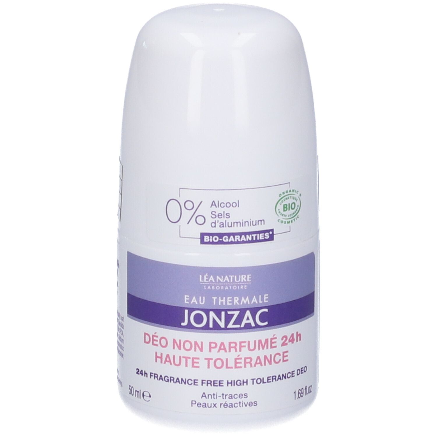 Flacone roll-on bianco. Scritta: Eau Thermale Jonzac, 0% alcool, senza profumo, Bio-garanzie.