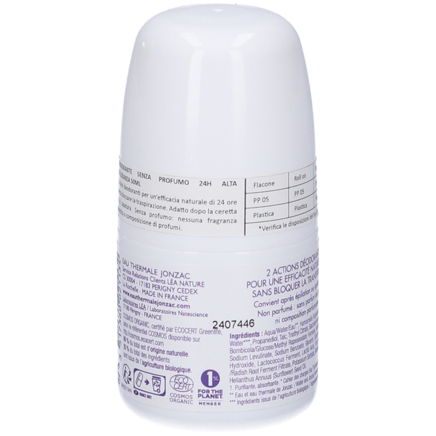 Retro del flacone roll-on. Testo: Eau Thermale Jonzac, COSMOS ORGANIC, 1 for the planet.