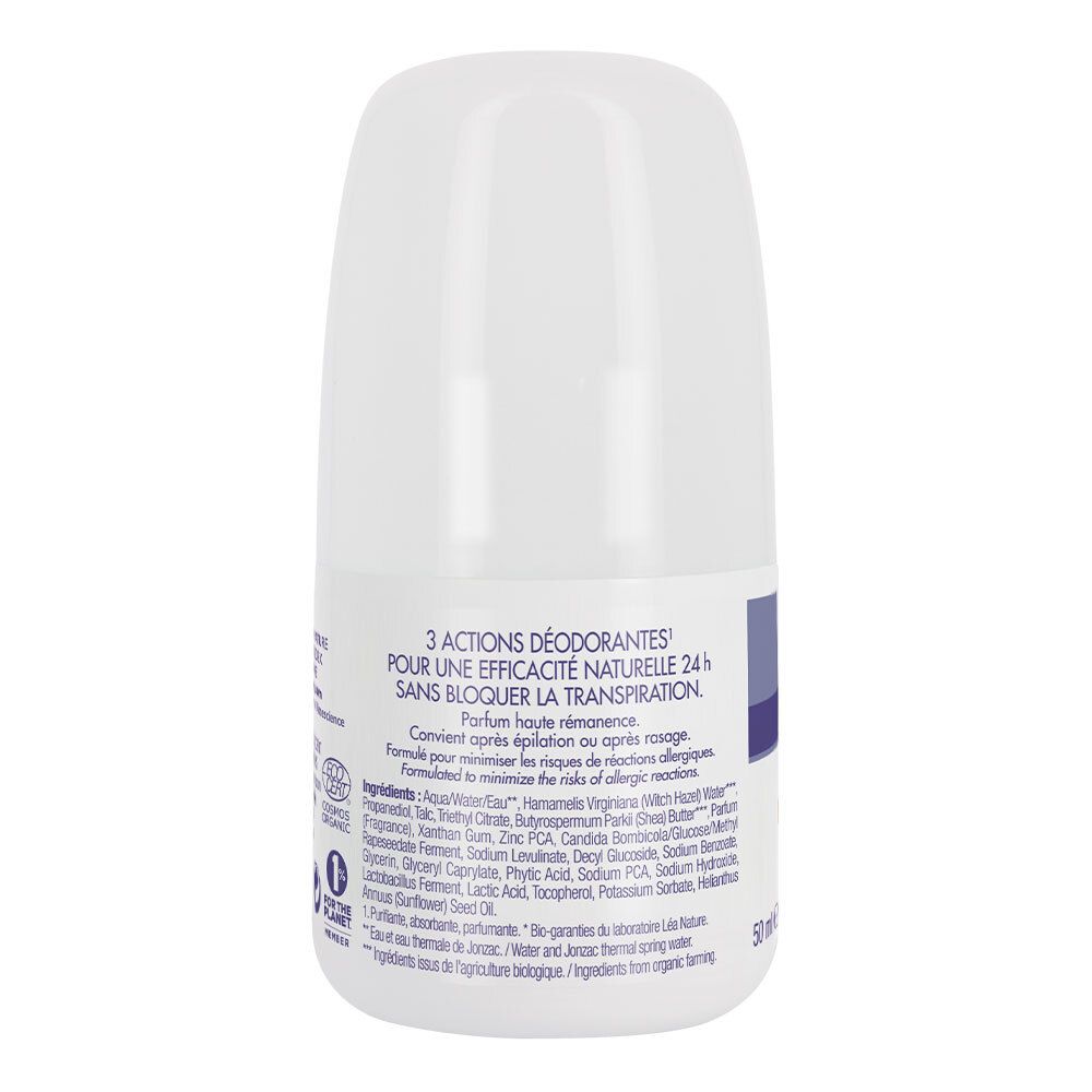 Rückseite des weißen Roll-on-Deo-Flakons. Text: 3 Aktionen, 24h Wirksamkeit, ohne Schweißblockierung. Inhaltsstoffe und Bio-Zertifizierung.