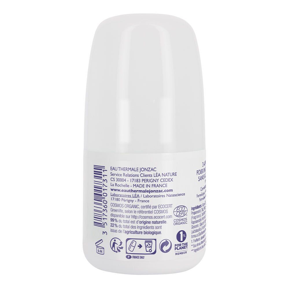Rückseite des weißen Roll-on-Deo-Flakons. Text: Eau Thermale Jonzac, Adresse, Website, Bio-Zertifizierung, Recycling-Hinweise.