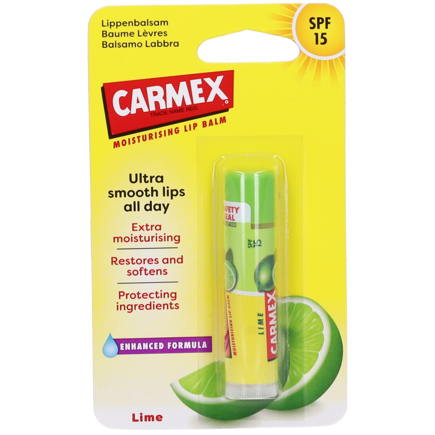 Carmex Balsamo Labbra Lime SPF15. Blister giallo, stick balsamo labbra, cappuccio verde, grafica lime, SPF 15.