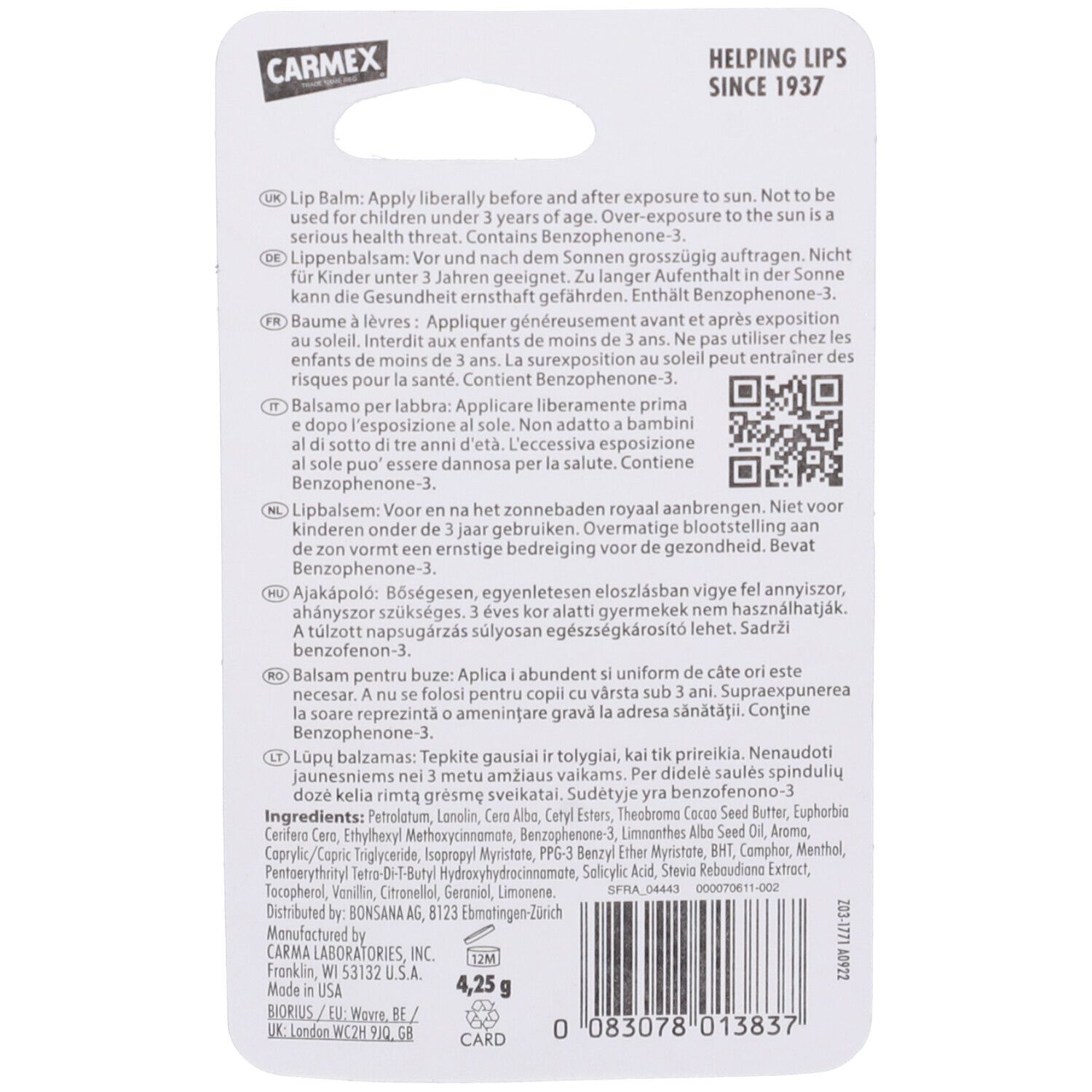Carmex Balsamo Labbra Lime SPF15. Retro confezione, testo, ingredienti, codice QR, 4,25 g.