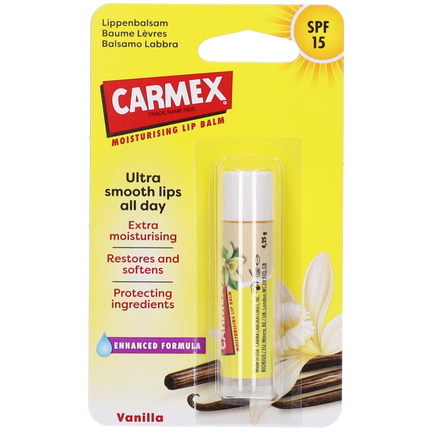 Carmex Balsamo Labbra Vaniglia SPF15 in confezione blister. Stick bianco, confezione gialla con informazioni e logo solare.
