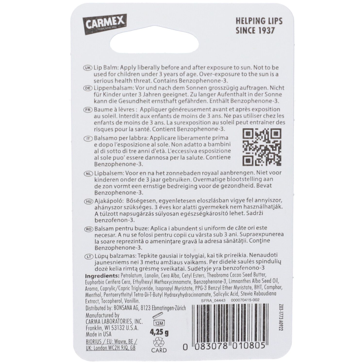 Retro confezione Carmex Balsamo Labbra Vaniglia. Testo multilingue, codice QR, ingredienti e informazioni produttore.