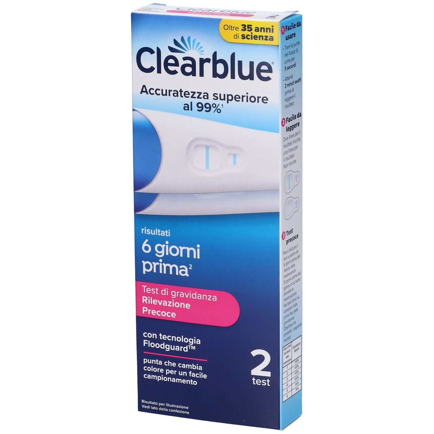 Confezione test di gravidanza Clearblue. Test e istruzioni. Contiene due test.