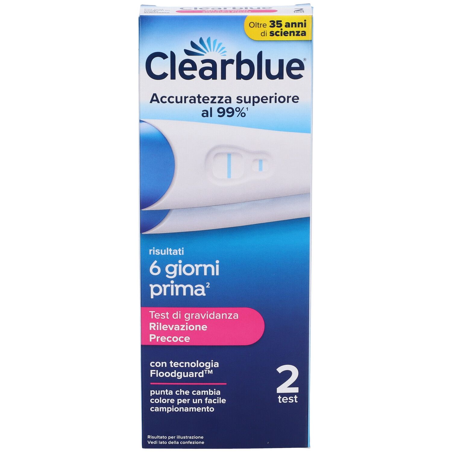 Confezione test di gravidanza Clearblue. Test e istruzioni. Contiene due test.