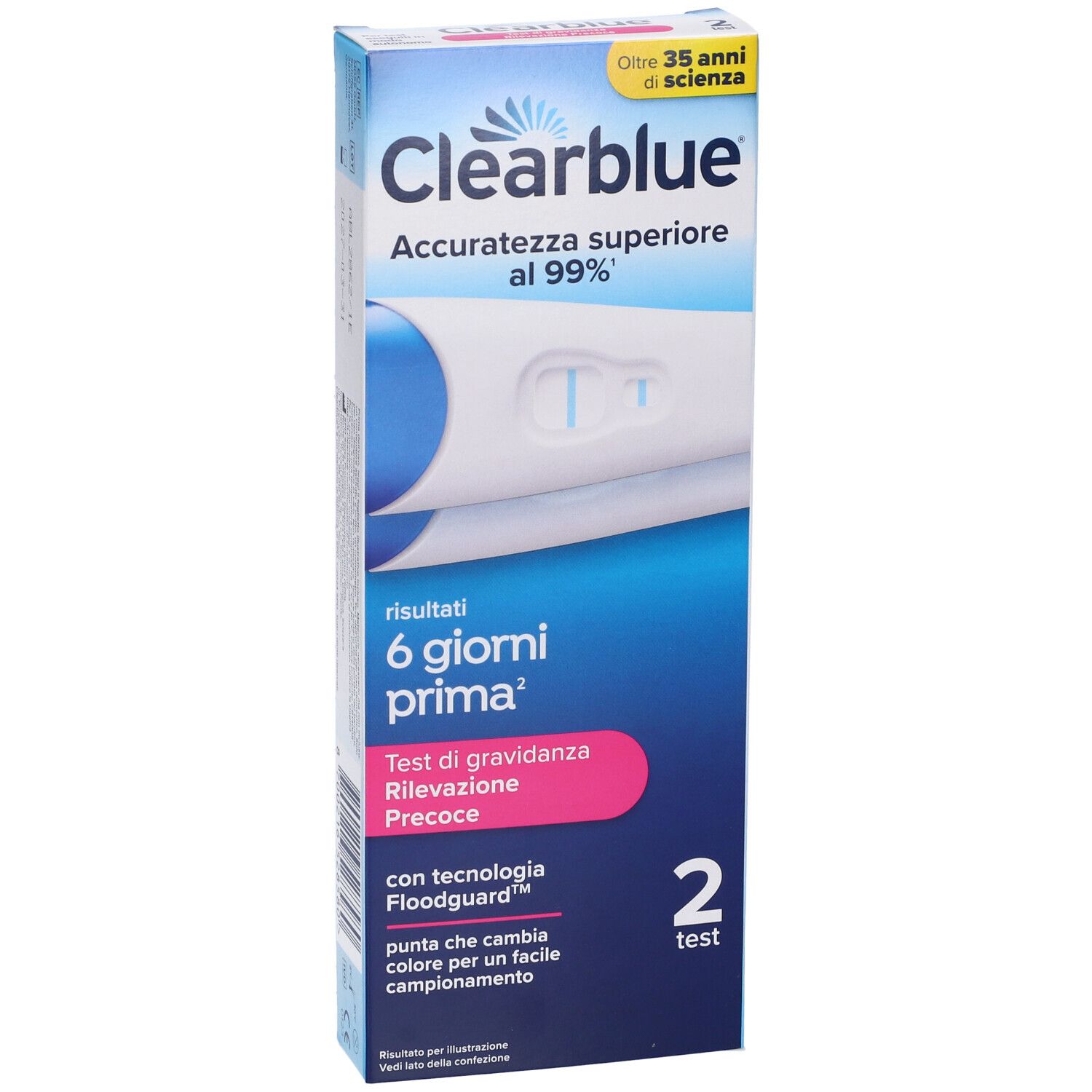Confezione test di gravidanza Clearblue. Test e istruzioni. Contiene due test.