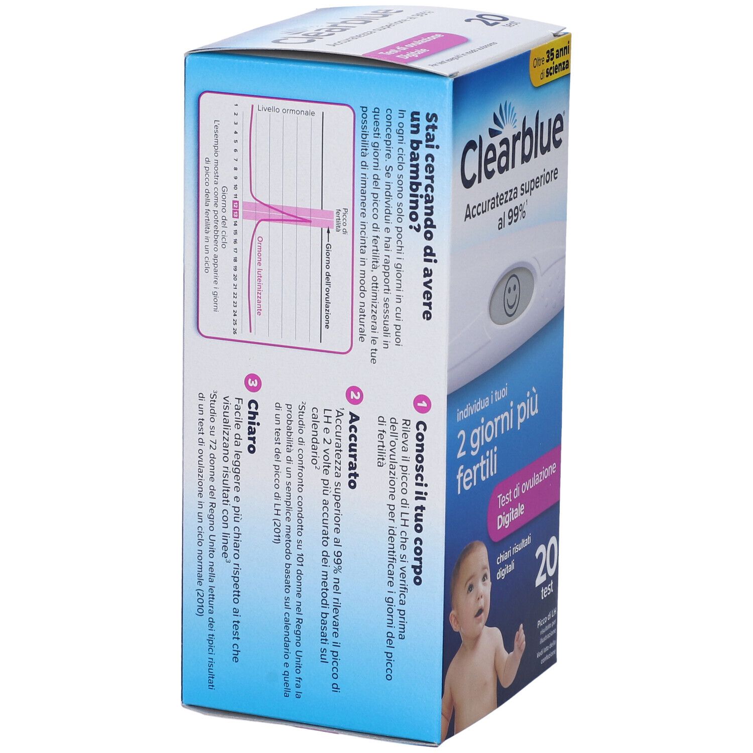 Rückseite der Schachtel Clearblue Test Ovulazione Digitale. Blaue Verpackung mit Text und Diagrammen. Genauigkeit über 99%.