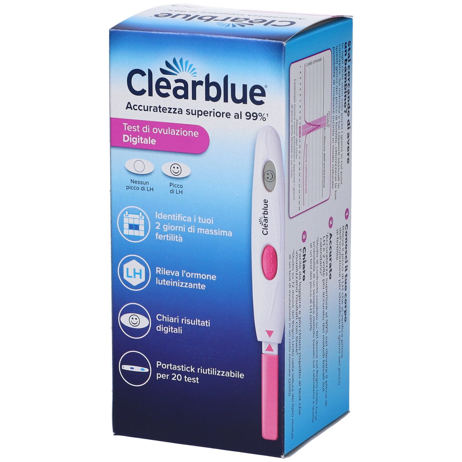 Schachtel Clearblue Test Ovulazione Digitale und Teststab. Blaue Verpackung, rosa Teststab. Digitale Ergebnisse.