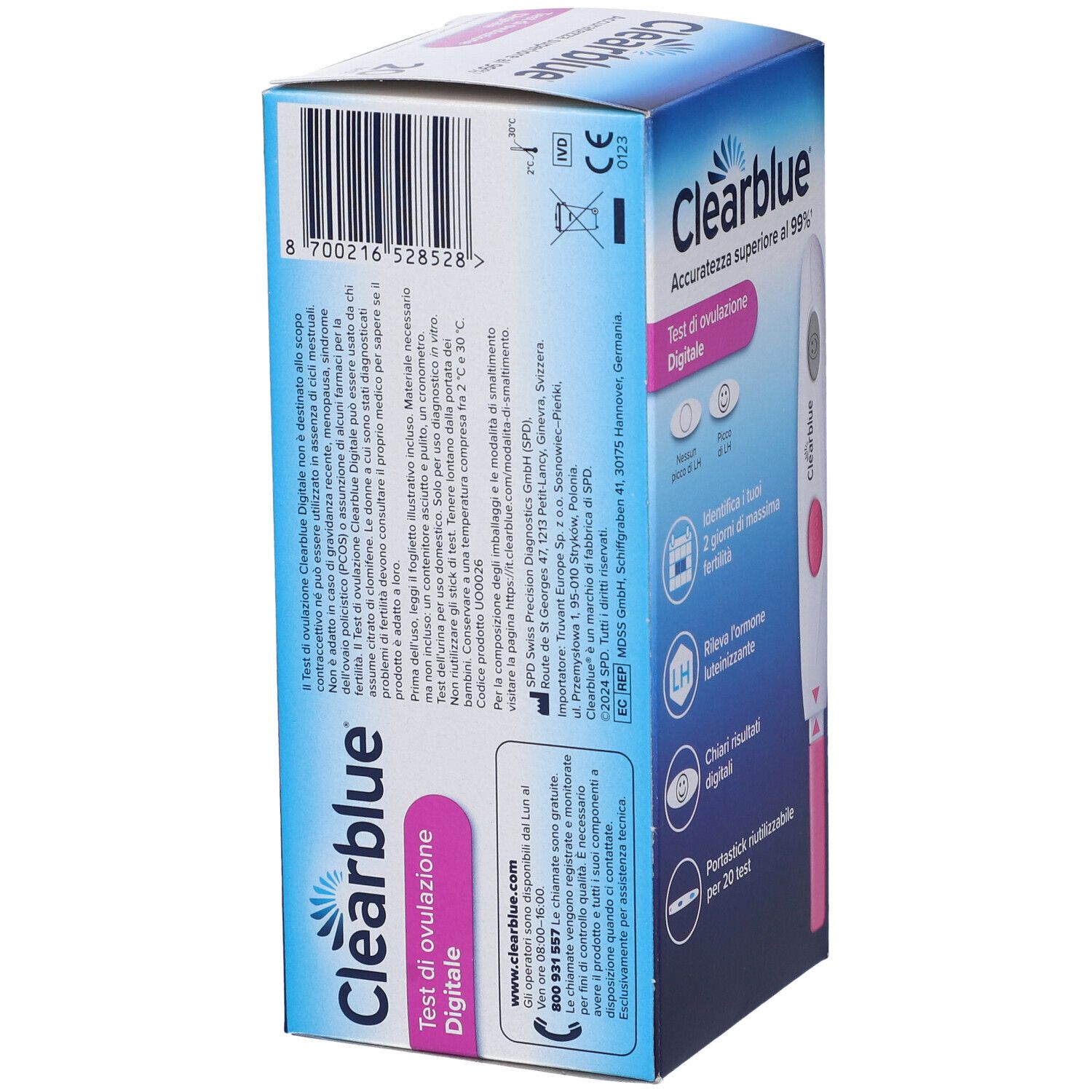 Rückseite der Schachtel Clearblue Test Ovulazione Digitale. Blaue Verpackung mit Text und Informationen. Digitale Ergebnisse.