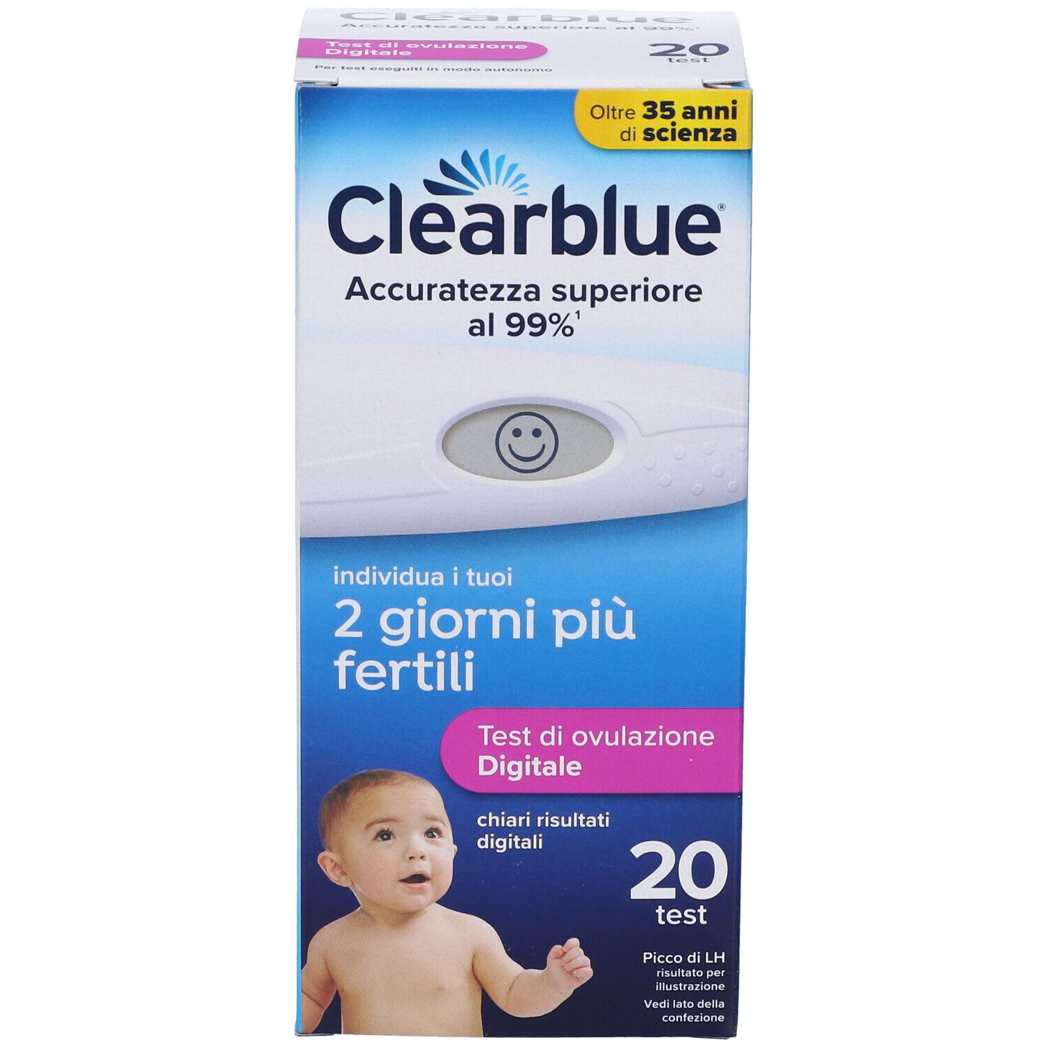 Vorderseite der Schachtel Clearblue Test Ovulazione Digitale. Blaue Verpackung mit Produktname, Babybild und 20 Tests.