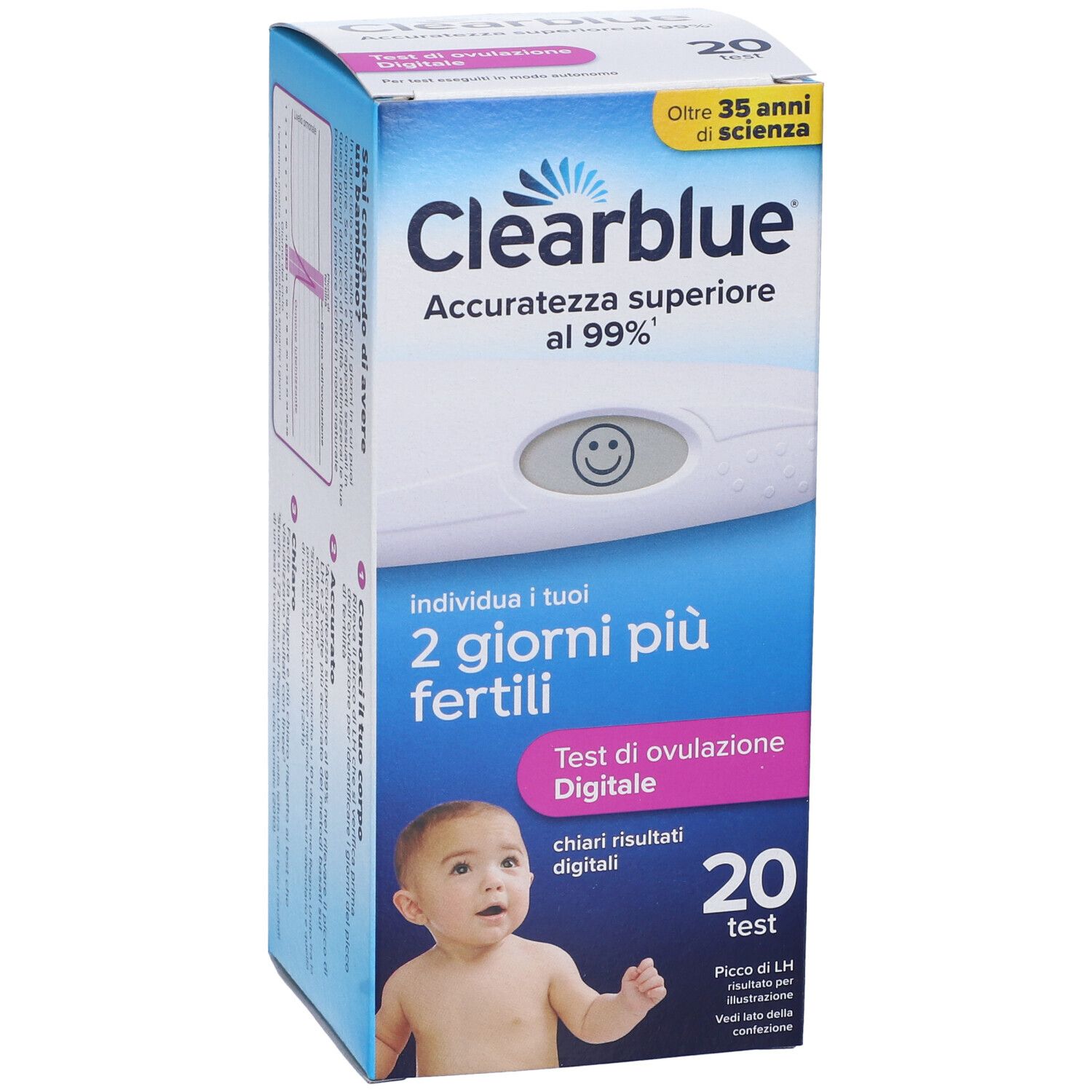 Schachtel Clearblue Test Ovulazione Digitale. Blaue Verpackung mit Produktname, Babybild und 20 Tests. Über 99% Genauigkeit.