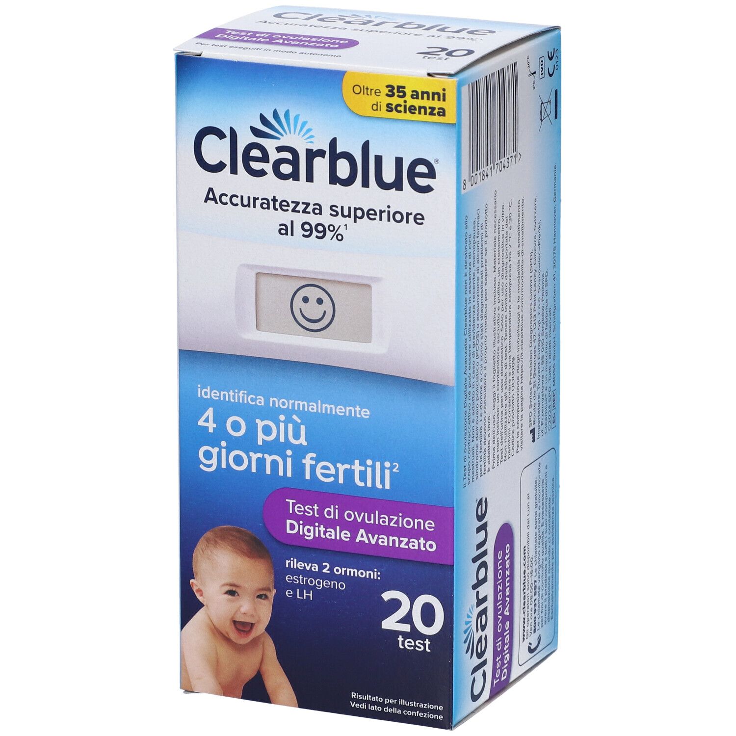 Confezione Clearblue Test di Ovulazione Digitale Avanzato. Contiene 20 test. Scritta: 4 o più giorni fertili.