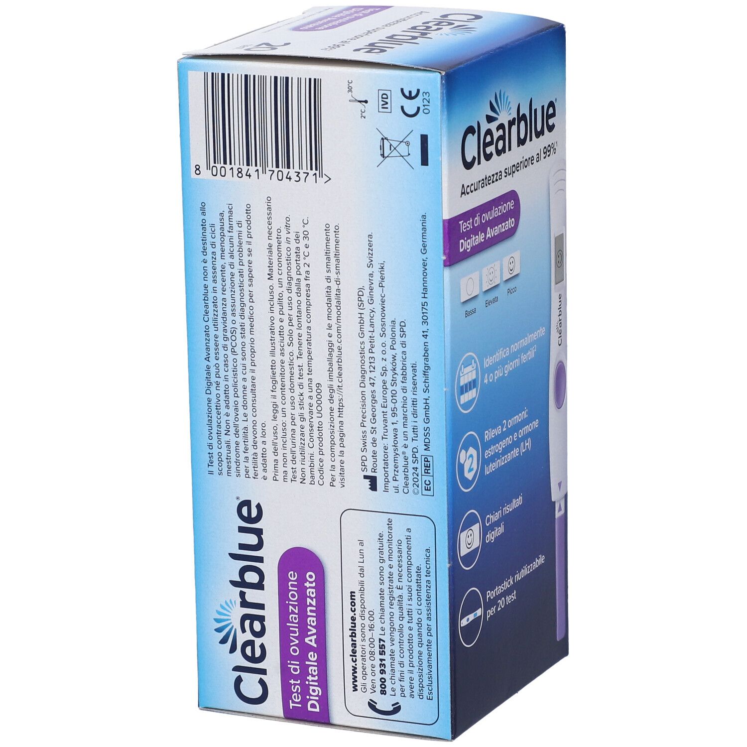 Retro della confezione Clearblue Test di Ovulazione Digitale Avanzato. Testo e informazioni sul prodotto.