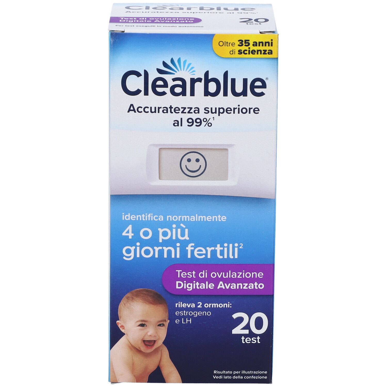 Vista frontale della confezione Clearblue Test di Ovulazione Digitale Avanzato. Contiene 20 test. Scritta: 4 o più giorni fertili.