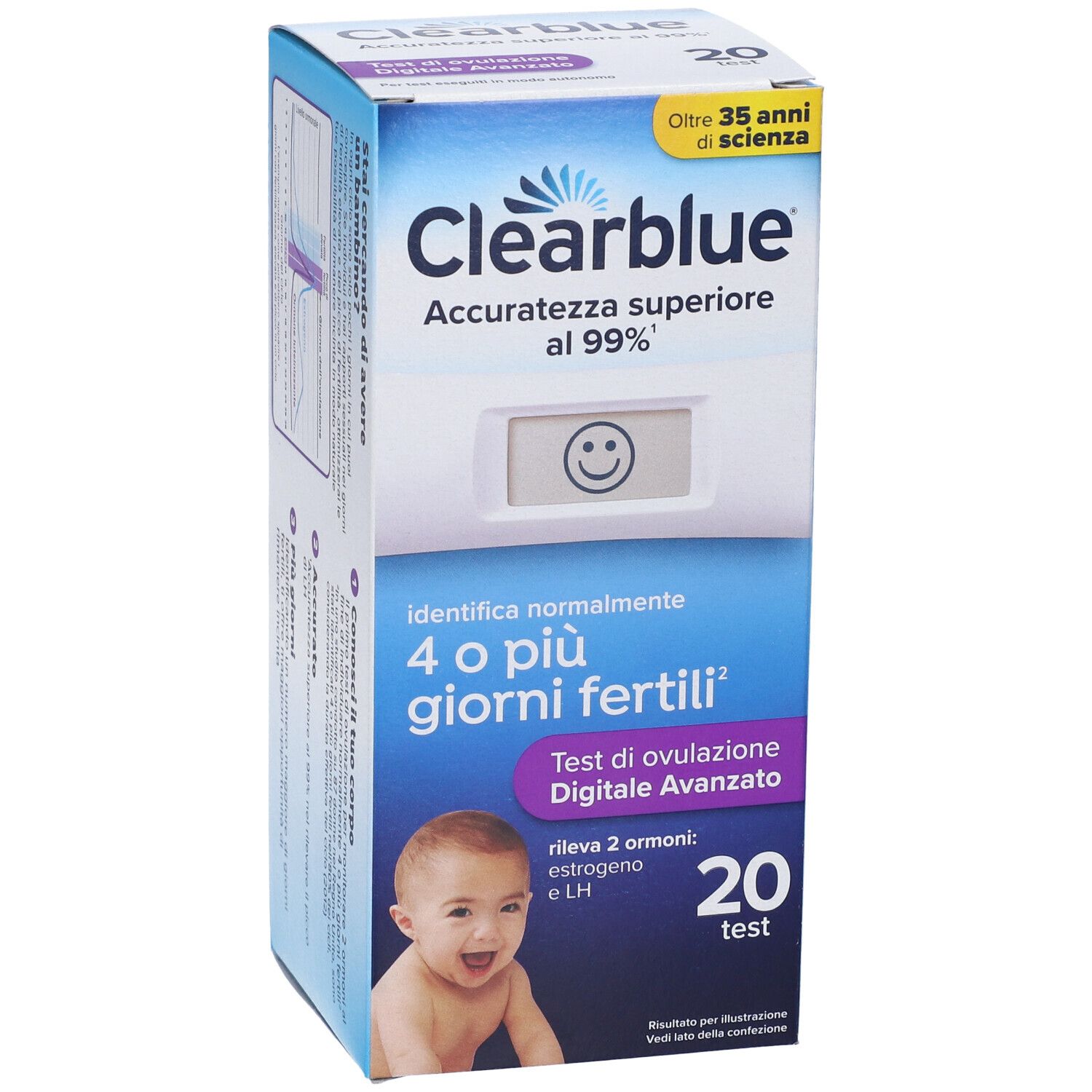 Vista frontale della confezione Clearblue Test di Ovulazione Digitale Avanzato. Contiene 20 test. Scritta: 4 o più giorni fertili.