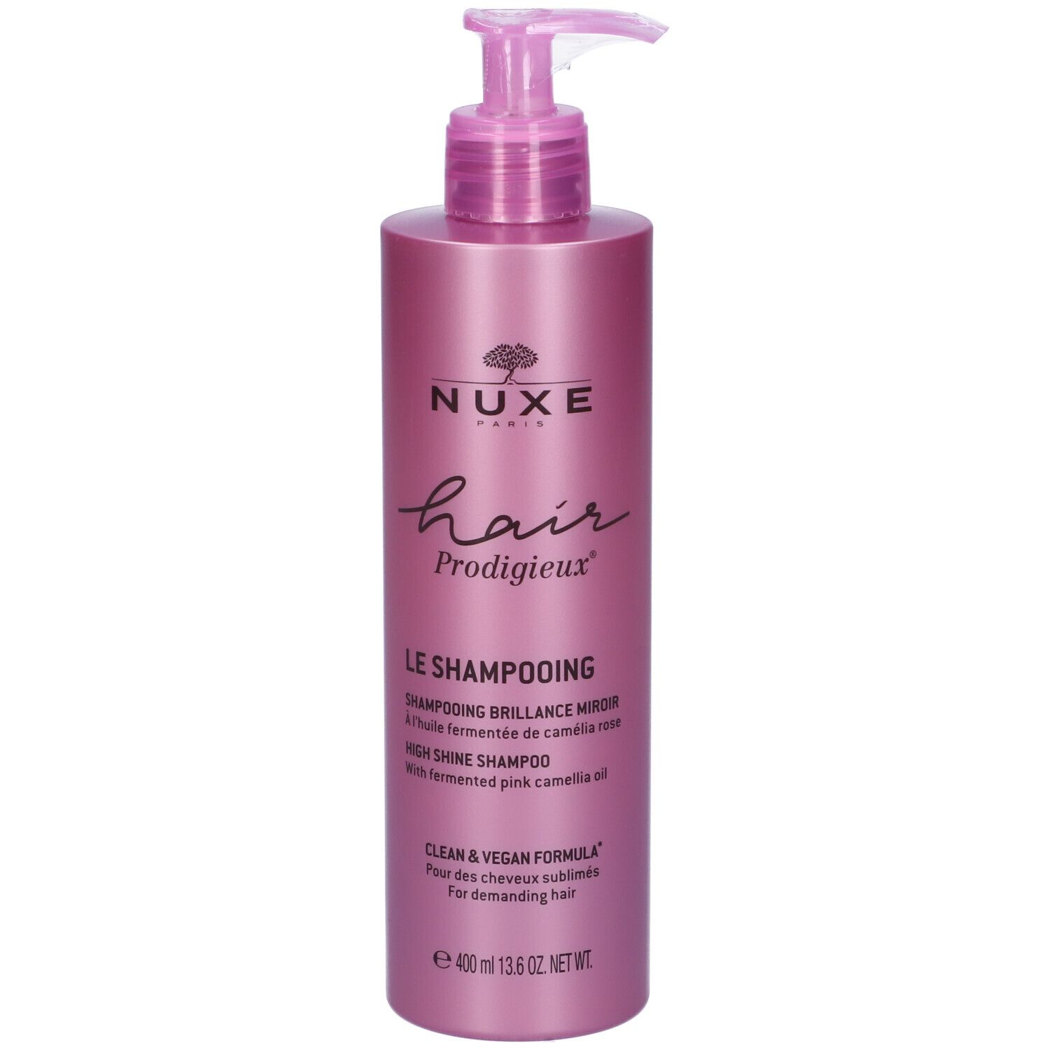 Flacone di shampoo rosa con dosatore a pompa. Scritte: Nuxe, Hair Prodigieux, Le Shampooing, High Shine Shampoo.
