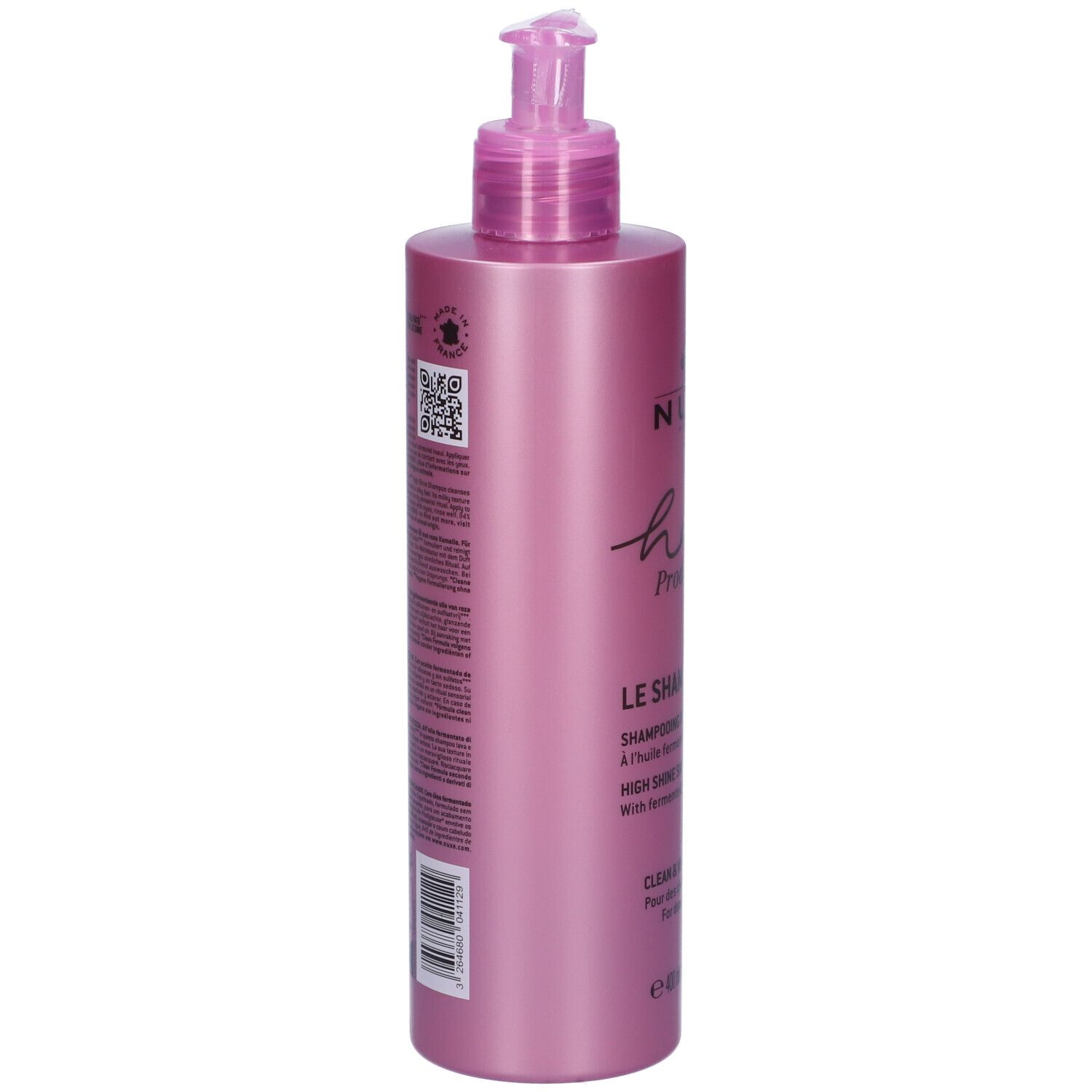 Flacone di shampoo rosa con dosatore a pompa. Retro con testo e codice QR. Logo vegano.
