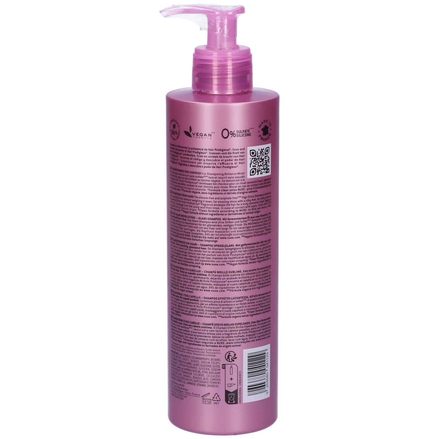 Flacone di shampoo rosa con dosatore a pompa. Retro con testo, codice QR e logo vegano.