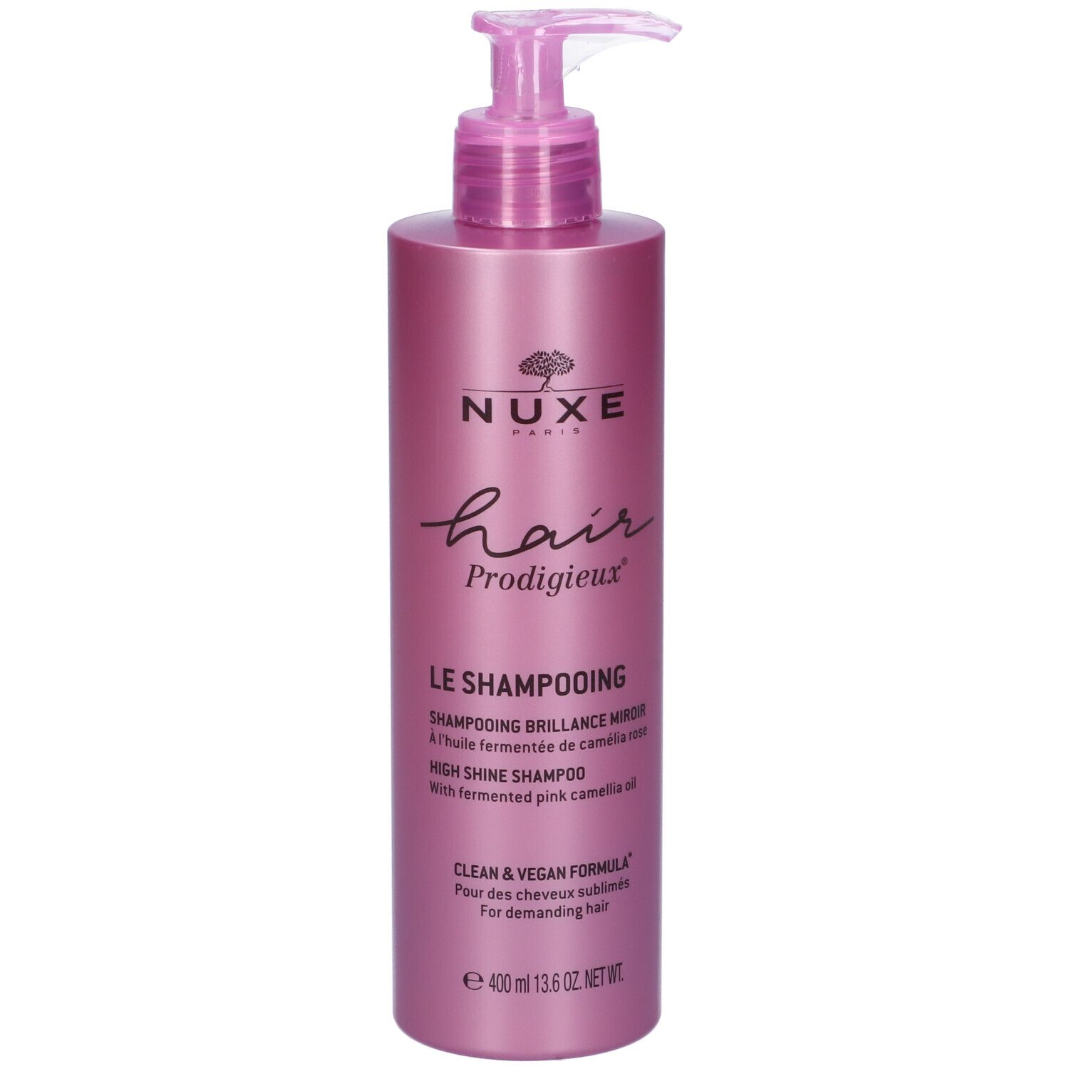 Flacone di shampoo rosa con dosatore a pompa. Scritte: Nuxe, Hair Prodigieux, Le Shampooing, High Shine Shampoo.