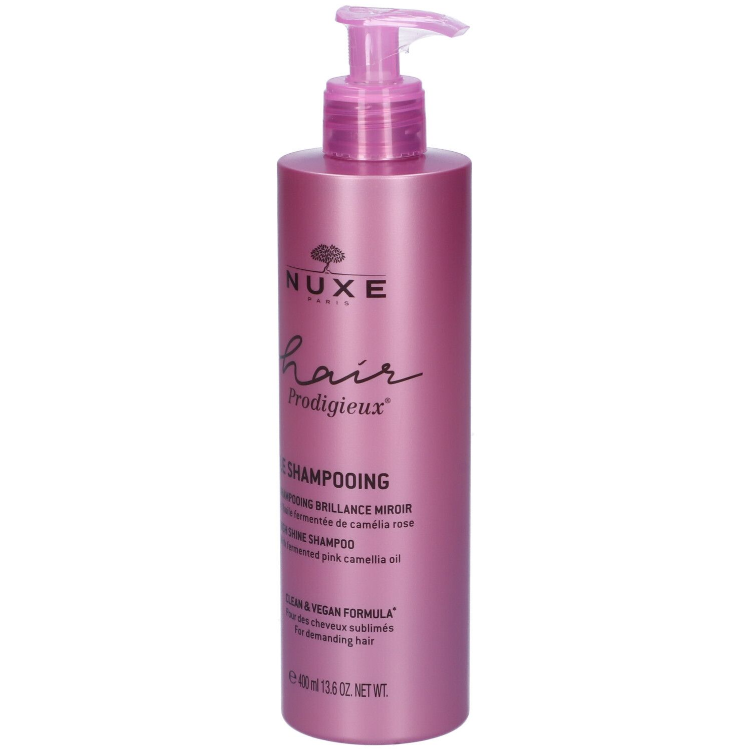 Flacone di shampoo rosa con dosatore a pompa. Scritte: Nuxe, Hair Prodigieux, Le Shampooing, High Shine Shampoo.