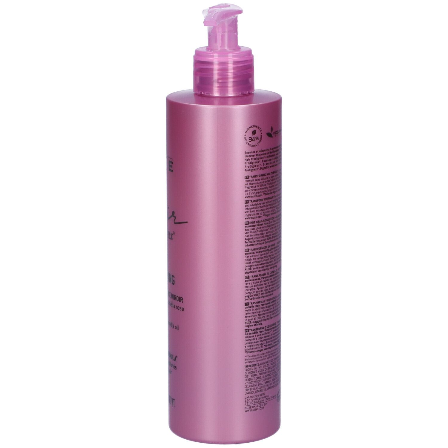 Flacone di shampoo rosa con dosatore a pompa. Retro con testo e logo vegano.