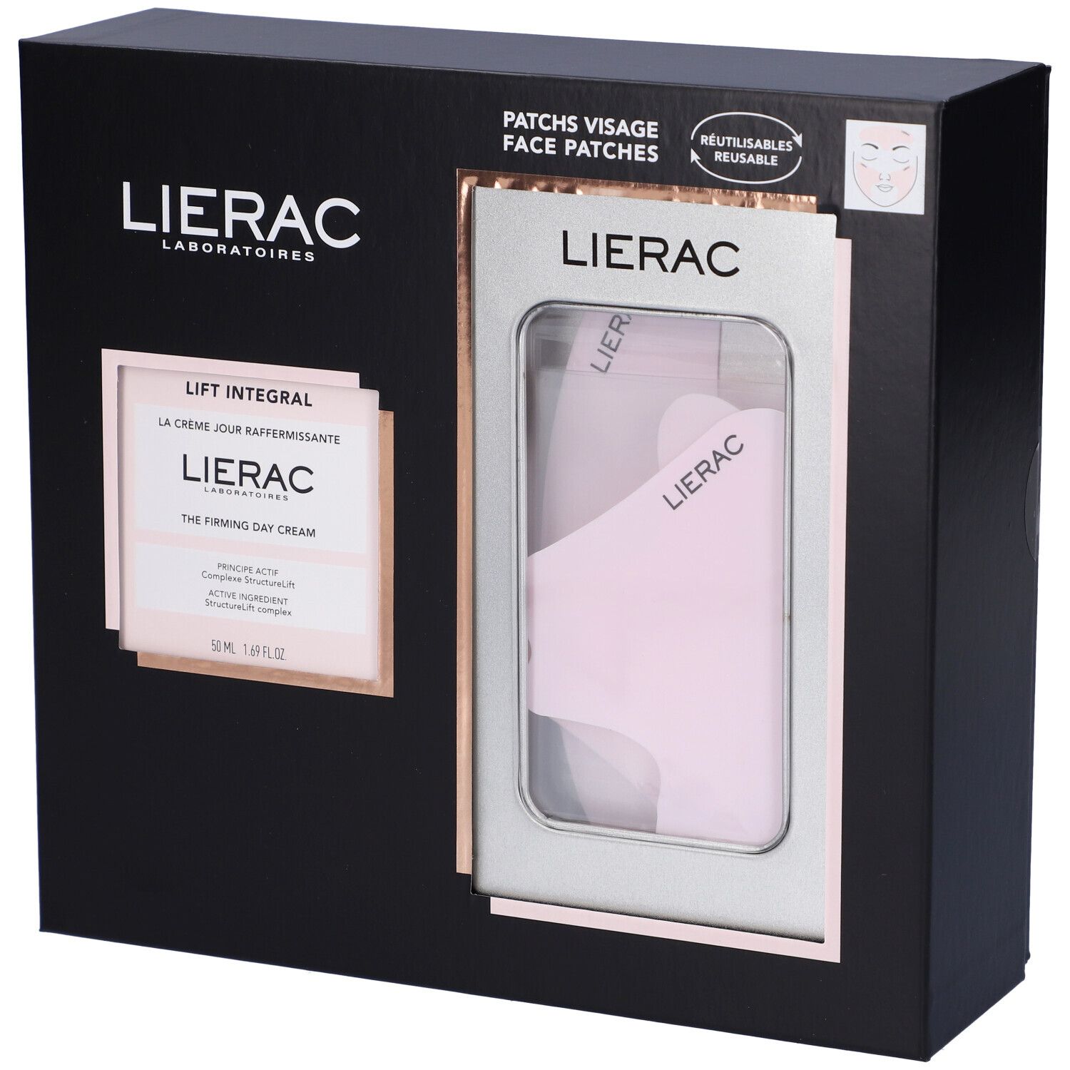 Confezione regalo Lierac. Crema giorno e patch viso riutilizzabili. Confezione nera.