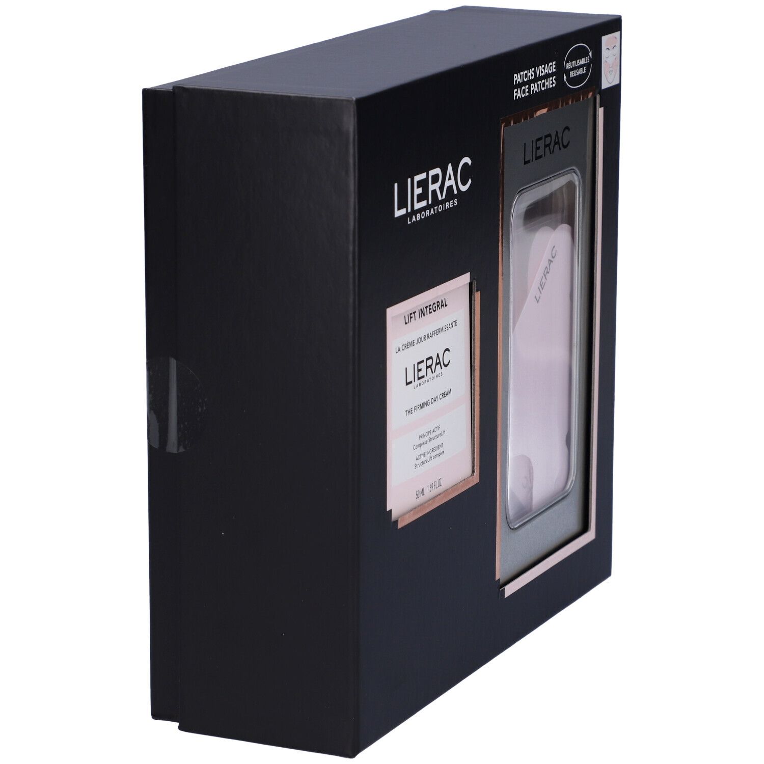 Confezione regalo nera Lierac. Crema giorno e patch viso. Vista laterale.