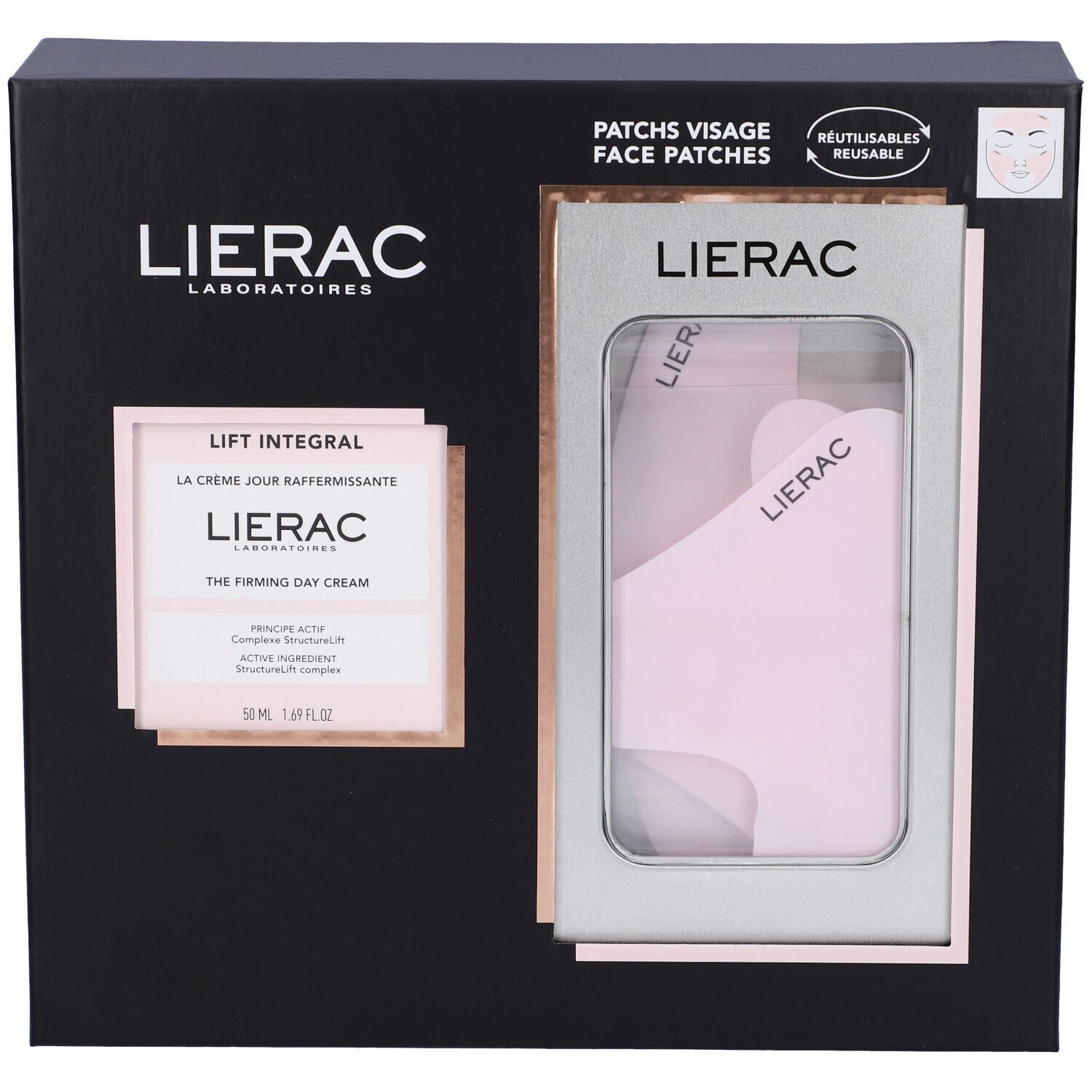 Confezione regalo Lierac. Crema giorno e patch viso riutilizzabili. Confezione nera.