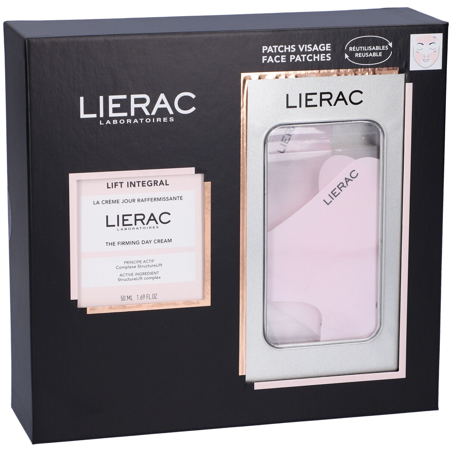 Confezione regalo Lierac. Crema giorno e patch viso riutilizzabili. Confezione nera.