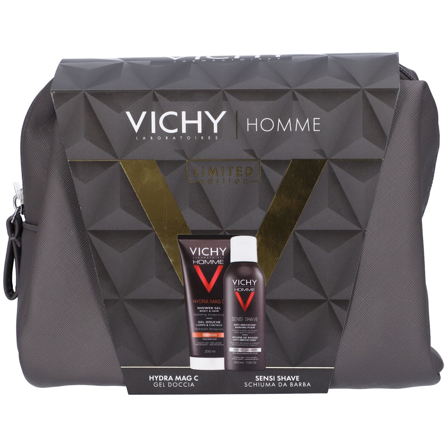 Vichy Homme Pochette Regalo da Uomo per le esigenze specifiche della pelle maschile con Gel Doccia Hydra Mag C  200 ml + Schiuma Da Barba Sensi Shave  200 ml