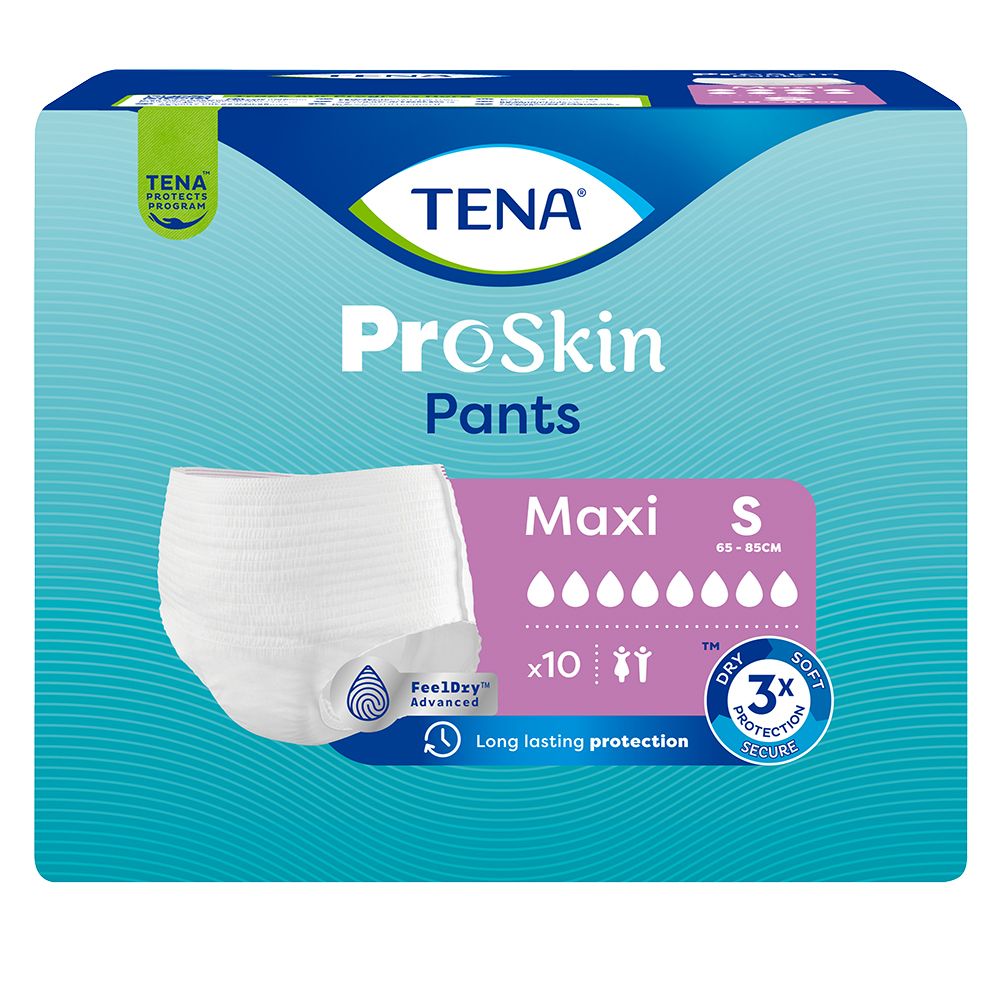 TENA ProSkin Pants Maxi S, weiße Inkontinenzhose. Packung mit Produktabbildung, Logo und Produktbezeichnung.