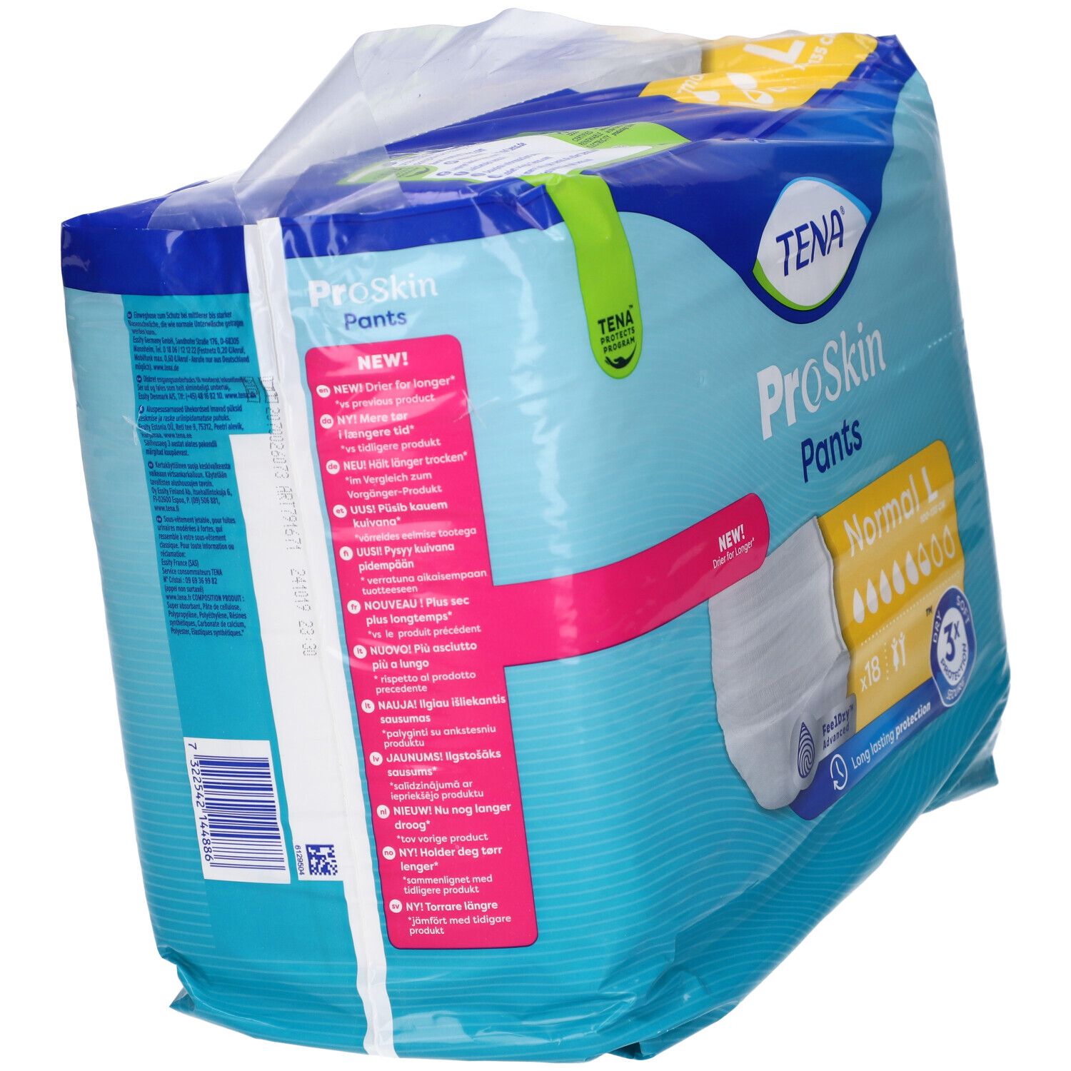 Verpackung Tena ProSkin Pants, Größe L, Normal. Rückseite mit Produktinformationen und Symbolen.