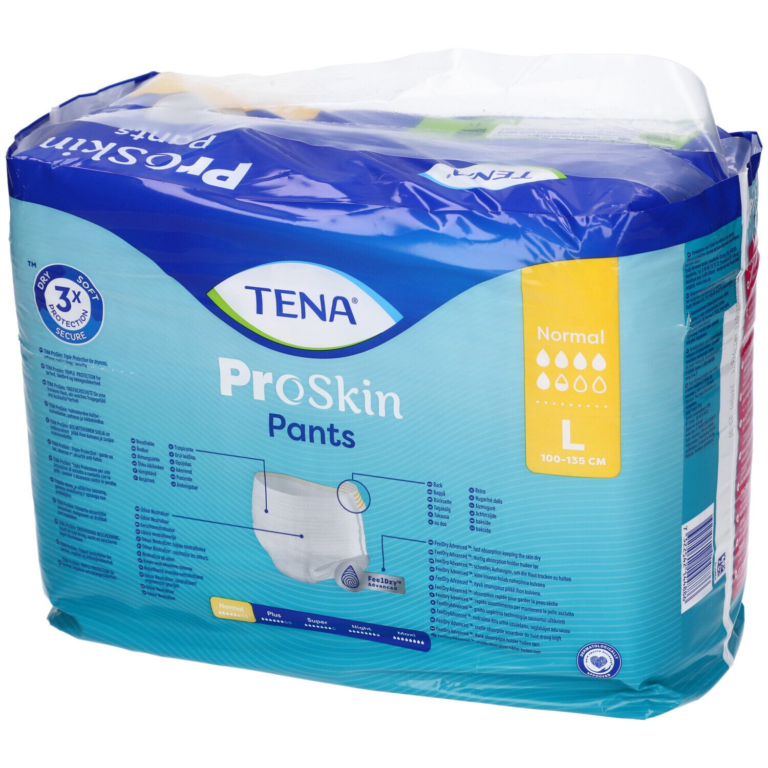 Verpackung Tena ProSkin Pants, Größe L, Normal. Mit Trocken- und Schutz-Symbol. Größe 90-135 cm.