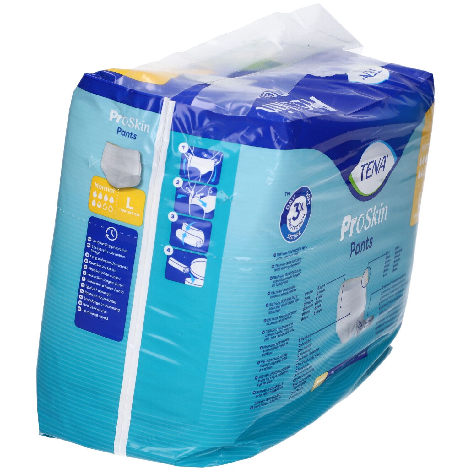 Verpackung Tena ProSkin Pants, Größe L, Normal. Produktansicht mit Symbolen und Produktmerkmalen.