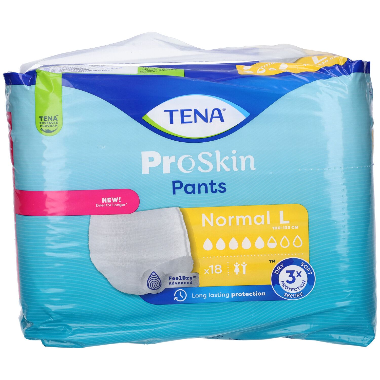 Verpackung Tena ProSkin Pants, Größe L, Normal. Enthält 18 Stück. Mit Trocken- und Schutz-Symbol.