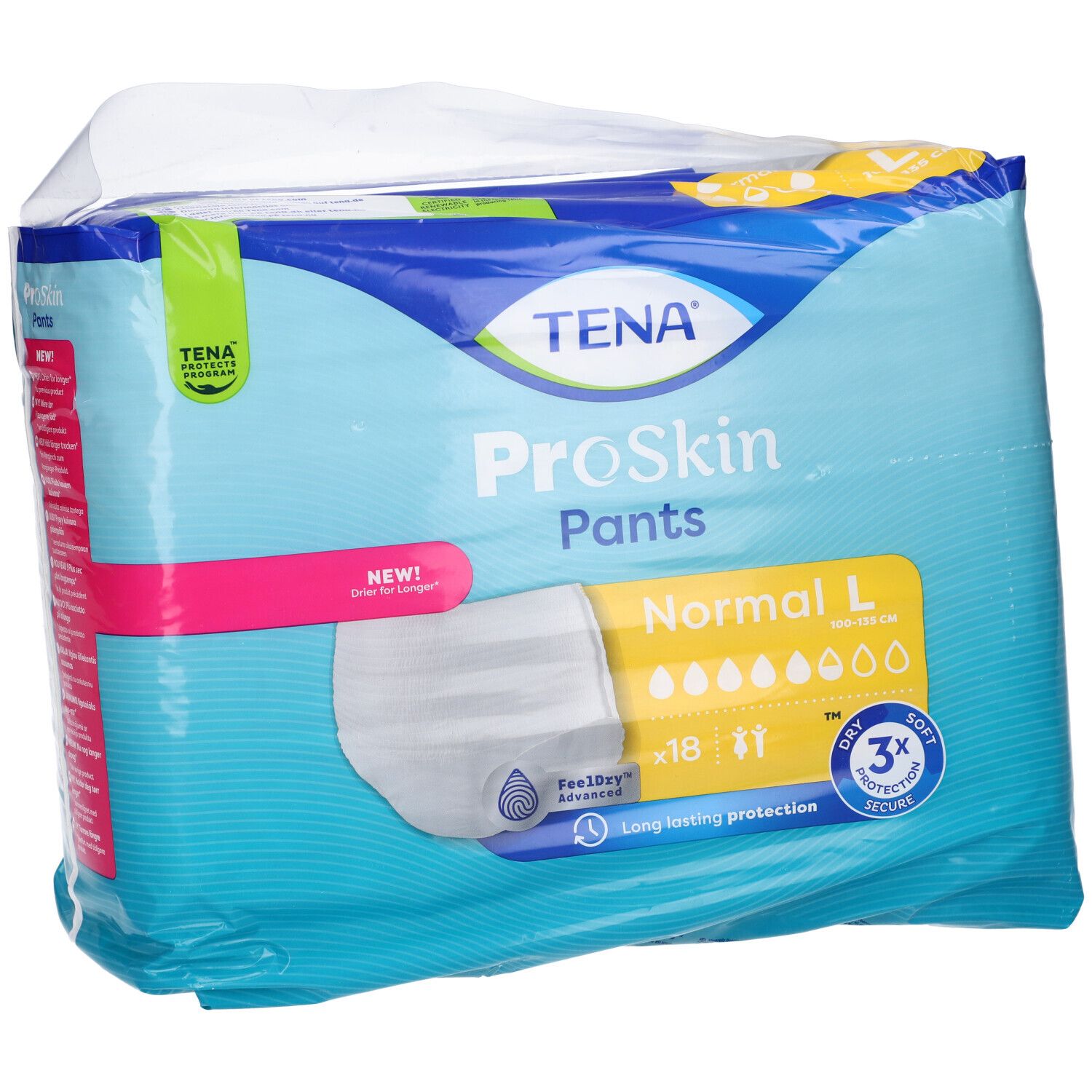 Verpackung Tena ProSkin Pants, Größe L, Normal. Enthält 18 Stück. Mit Trocken- und Schutz-Symbol.