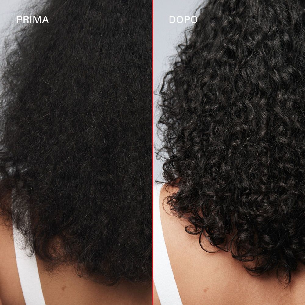 Vorher/Nachher-Vergleich von dunklem Haar: glatt und kraus zu vollen Locken.