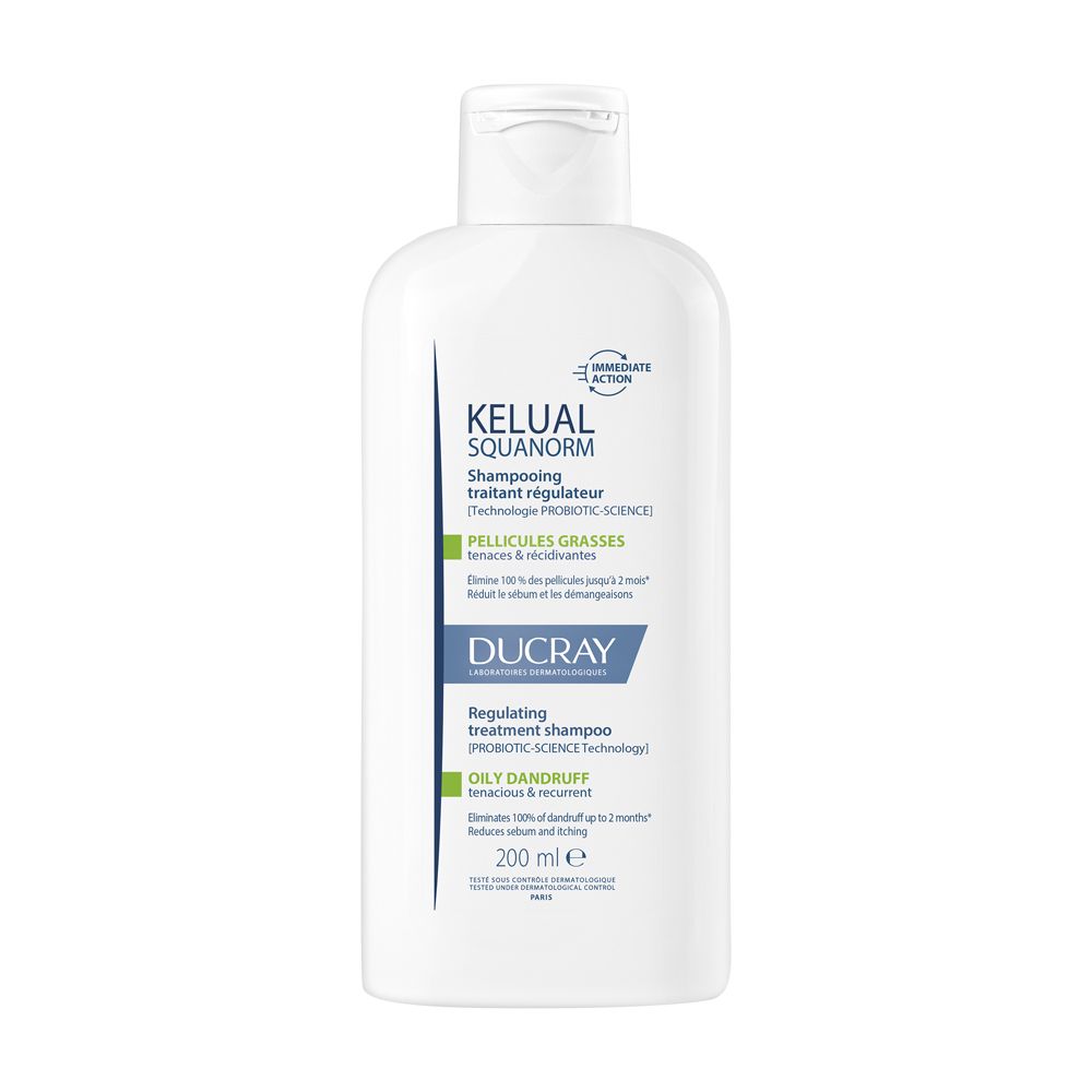 Ducray Kelual Squanorm Shampoo Antiforfora Trattante Regolatore Forfora Grassa 200ml, Elimina 100% della forfora Azione anti-ricomparsa, Cuoio capelluto grasso