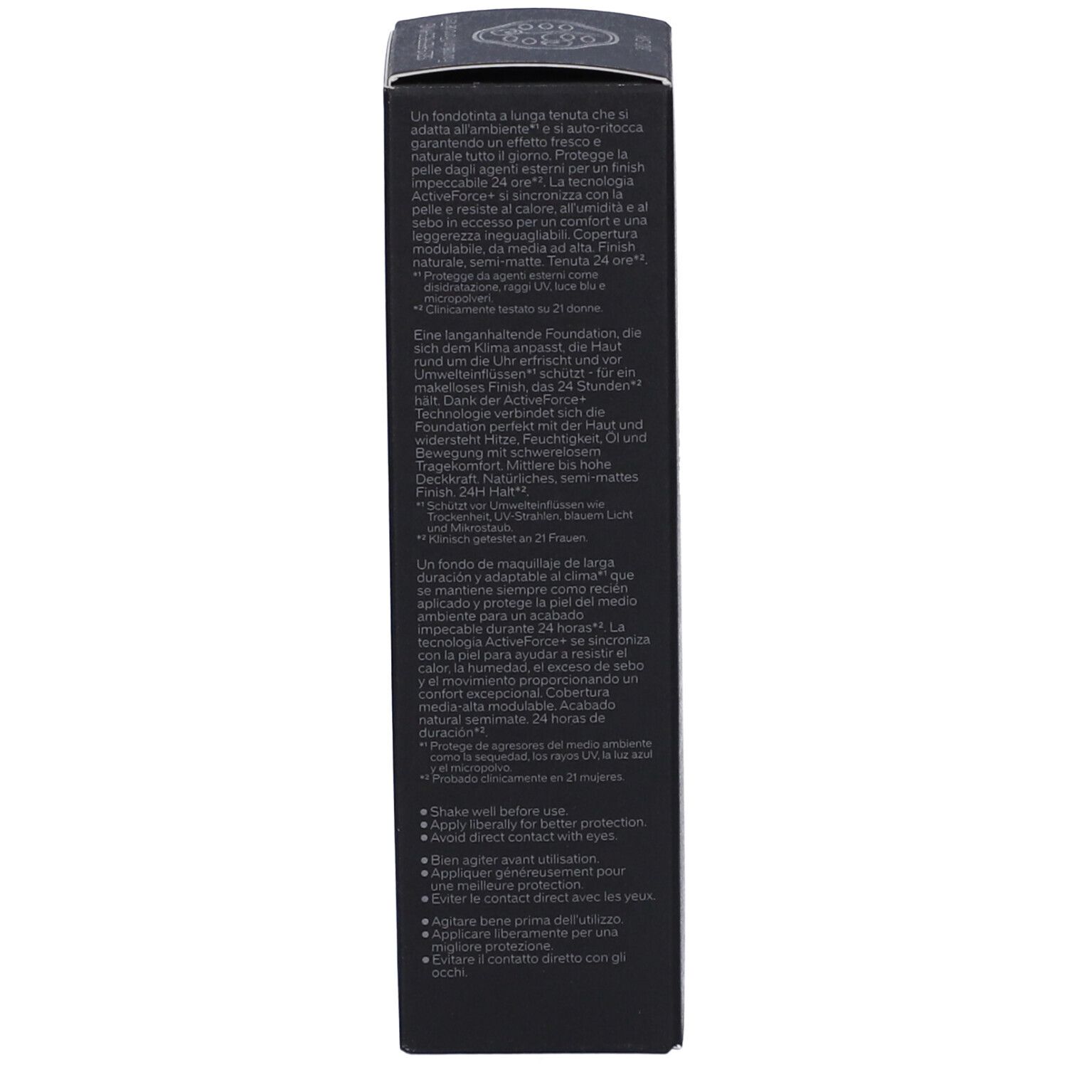 Schwarze Kosmetikverpackung mit mehrsprachigen Produktinformationen und Anwendungshinweisen.