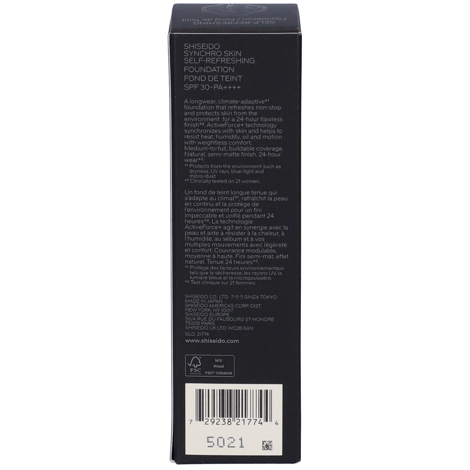 Shiseido Synchro Skin Foundation Karton mit SPF 30-PA++++. Enthält Produktinformationen und Barcode.