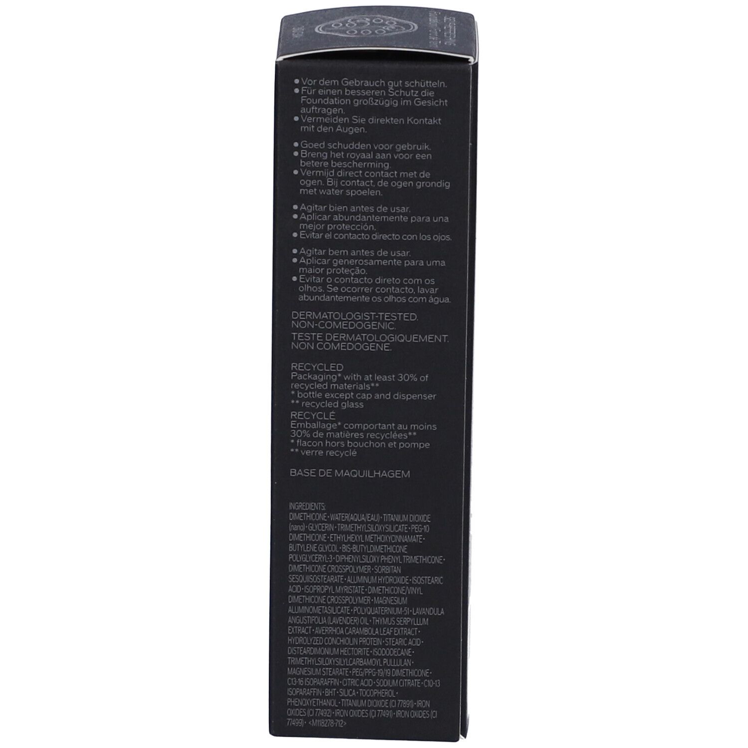 Schwarze Kosmetikverpackung mit Anweisungen und Inhaltsstoffen in weißer Schrift.