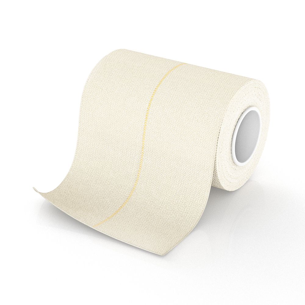 Rolle elastische Klebebinde. Beige Farbe. Gelbe Linie in der Mitte. Auf weißem Hintergrund.
